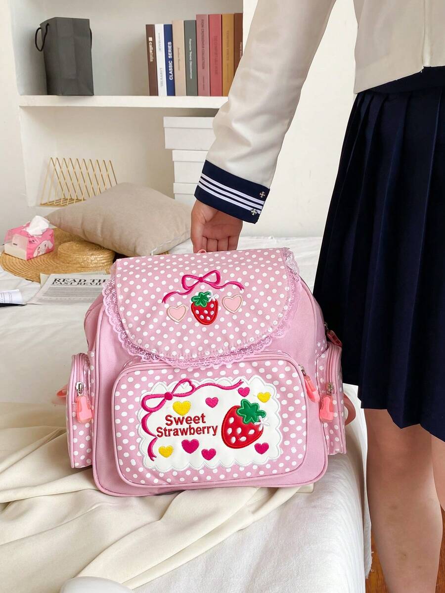 Soft Girl Sweet Lolita Small Backpack, Cute Embroidered Lace Girl Student Backpack, Fruit Strawberry Daypack - Pink - View 1