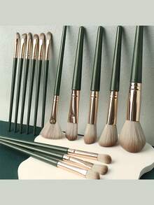 14pcs Professional Makeup Brush Set, Green Bristles, Suitable For Foundation, Blush, Eyebrow, Concealer, Liquid Mixer, Essential For Beginners And Makeup Artists - Dark Green - View 7