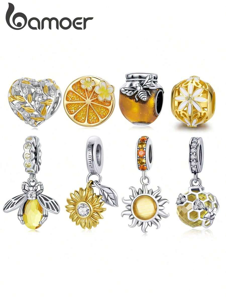 bamoer 1件925纯银蜜蜂蜂蜜吊坠，向日葵珠子，昆虫吊坠，镀玫瑰金珠子，适合女性DIY手链，精致首饰，情人节礼物