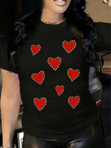 1 camiseta unisex estampada de corte relajado Estilo minimalista dibujado a mano Corazones negros Sencilla y limpia Adecuada para ocasiones como vacaciones de verano, Halloween y el Día de la Independencia de México,Adecuado para que lo usen las parejas. - Negro - Ver 1
