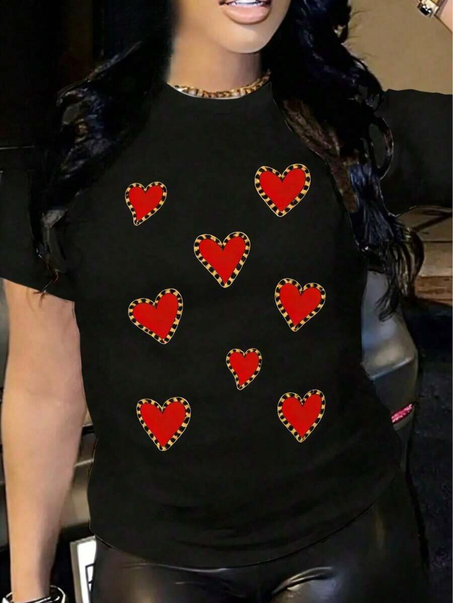 1 camiseta unisex estampada de corte relajado Estilo minimalista dibujado a mano Corazones negros Sencilla y limpia Adecuada para ocasiones como vacaciones de verano, Halloween y el Día de la Independencia de México,Adecuado para que lo usen las parejas. - Negro - Ver 1