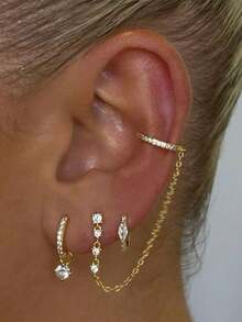3pcs/Set Delicate Cubic Zirconia Chain Ear Studs Clip-On Earrings, Women Formal Party Jewelry (Quantity Fits One Ear) - 黃金 - 查看 1