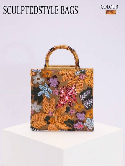 Fashionable Colorful Sequin Contrast Mesh Embroidered Jacquard Elegant Lady Bamboo Handle Tote Bag, Linen Handbag For Party & Holiday, Floral Pattern Randomly Sent