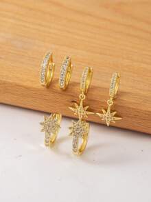 Elegant Celestial Gold Hoop Trio - Micro- Zirconia Starburst & Geometric Hoops | Versatile Party & Festival Wear Earrings - Yellow Gold - View 5