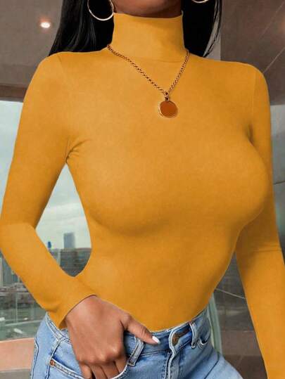 Women's Solid Color High Neck Fitted Long Sleeve T-Shirt, Loose And Comfortable, Simple And Versatile, Suitable For Spring, Autumn And Winter, Can Be Worn For Night Out, Vacation, Daily, Office, Home, Street, Travel, Airport, Brunch, Etc. Styles: Casual/Minimalist/Y2K/Elegant/Sexy/Streetwear/Cute/Chic, Suitable For Autumn/Winter Women's , Halloween, Christmas, Teacher's, Outerwear, Date, Basic Top, Korean Style