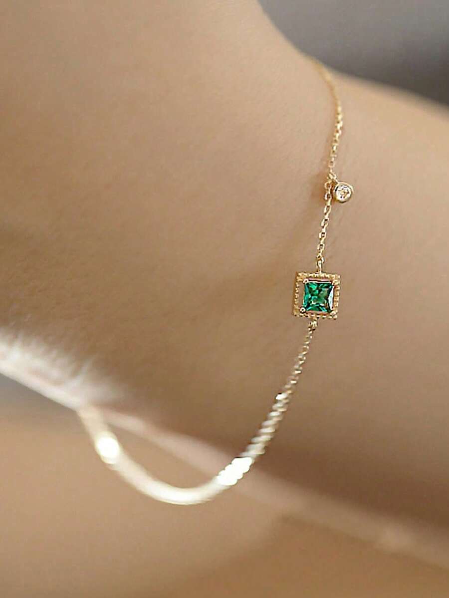 BALMORA 1pc 925 Sterling Silver Elegant Geometric Green Square Cubic Zirconia Chain Bracelet, Suitable For Daily Wear, Friendship Gatherings, And Gift - Gold - View 1