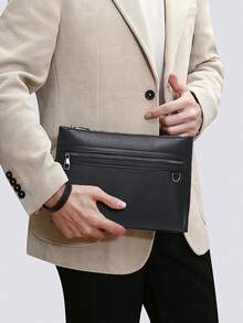 时尚男士手提包，黑色纹理手拿包，带拉链口袋，安全旅行手机钱包卡片现金收纳包，时尚商务男士公文包，2026 男士配饰，情人节礼物，送给男士/男友/丈夫 - 黑色 - 查看 2