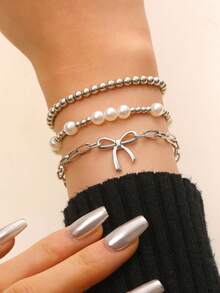 3件套复古优雅仿珍珠串珠蝴蝶结手链，女士手链，适合日常、派对、节日、情人节佩戴，可作为礼物送给朋友、家人、情侣，珠宝配饰 - 銀色 - 查看 5
