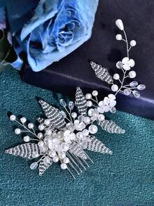 1pc Elegant Handmade Beaded Bridal Hair Comb, Women Wedding Party Hair Accessory - Silver - View 5