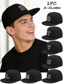1pc Unisex Gothic Style White Letter Print Hippie Baseball Cap, Adjustable Snapback Flat Brim Hiphop Sun Hat, Suitable For Travel, Vacation, Sports, Beach, Campus, Cruise, Y2K Style, Best Christmas And Halloween Holiday Gift - Black - View 1