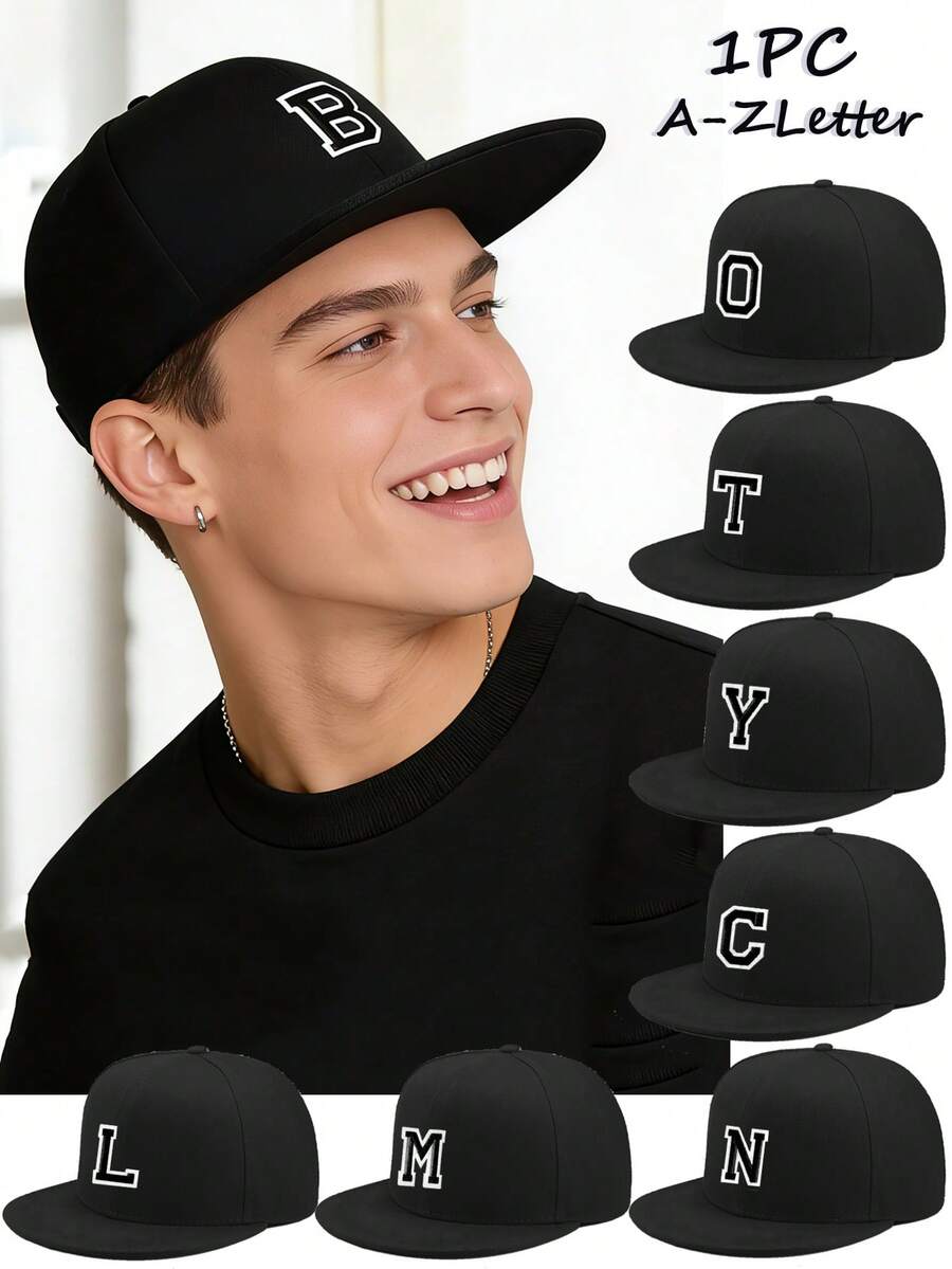 1pc Unisex Gothic Style White Letter Print Hippie Baseball Cap, Adjustable Snapback Flat Brim Hiphop Sun Hat, Suitable For Travel, Vacation, Sports, Beach, Campus, Cruise, Y2K Style, Best Christmas And Halloween Holiday Gift - Black - View 1