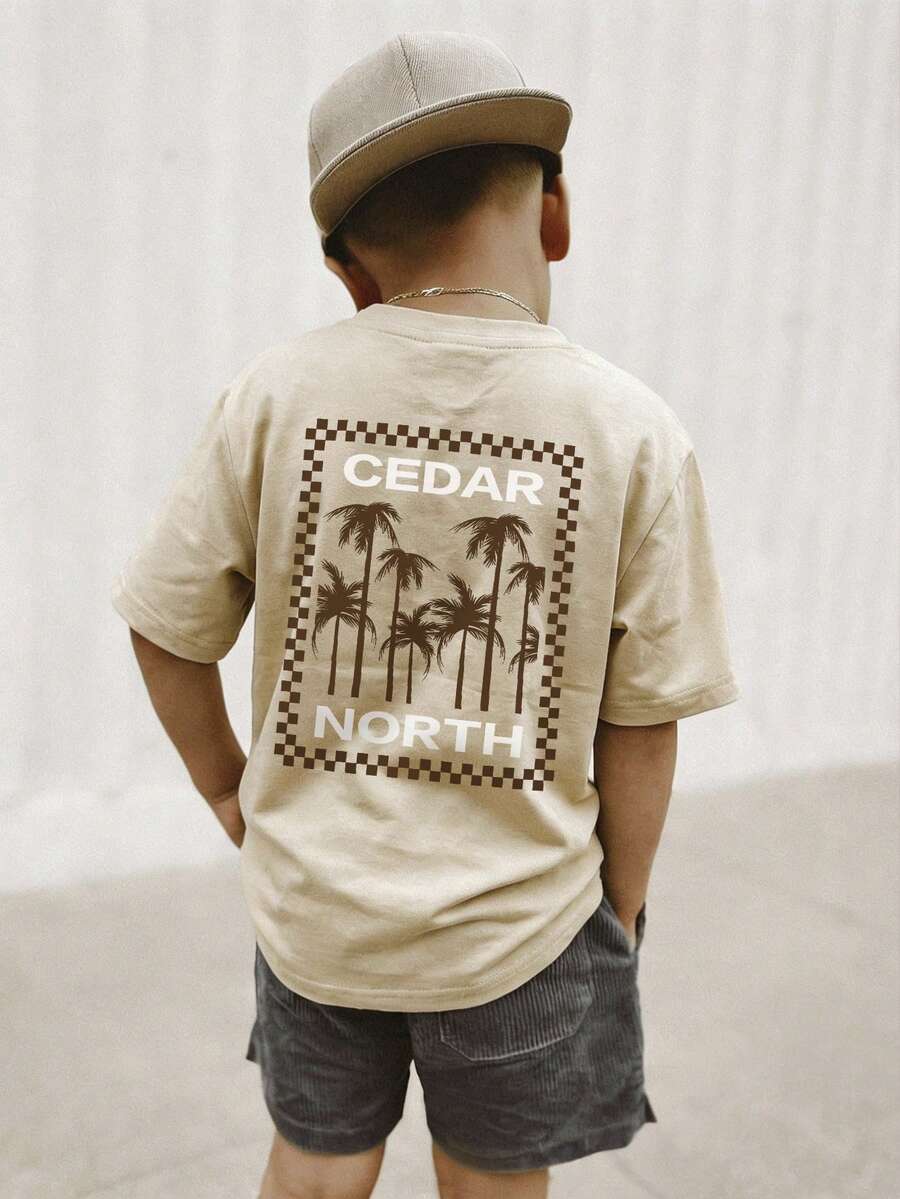 1件装男童休闲印花圆领短袖T恤，夏季学生装 - 一款百搭T恤，为每个孩子带来欢乐和幸福！ - 杏色 - 查看 1