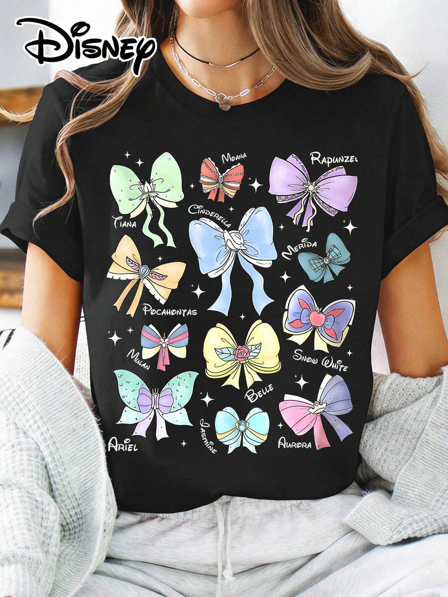 Disney Official Authorization | Women's Street Casual Short-Sleeve T-Shirt. Features Exclusive Bow Prints Of 12 Princesses Including Tiana, Moana, Rapunzel, Etc. Hand-Painted Watercolor Design, With Each Bow Representing The Iconic Elements Of One Princess. Made Of Opaque Fabric, Machine Washable, Versatile For Daily Casual Wear, Suitable For Spring And Summer. - Black - View 1