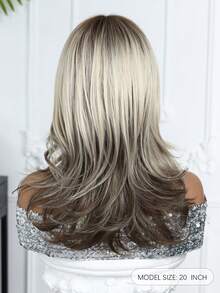 Peruca Ombré Marrom, Comprimento Médio, Franja Reta, 20 Polegadas, Onda Natural, Adequada para Mulheres, Fibra Sintética Resistente ao Calor, Adequada para Festivais, Viagens, Festas, Cosplay, Uso Diário, Presente de Férias para Meninas - Ombre marrom - Visão 6