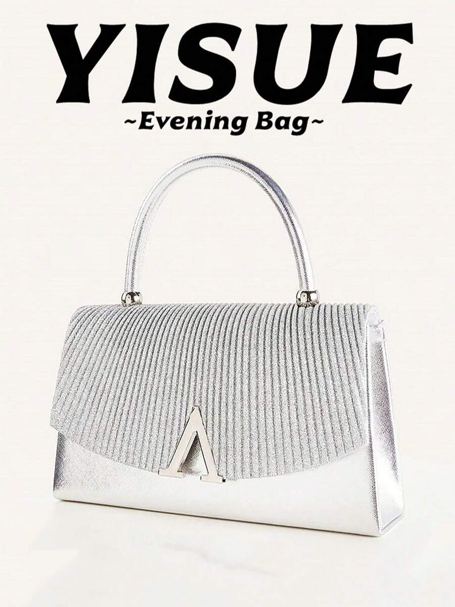 Women's Evening Bag, Glittering Fabric Fashion Clutch, Large Capacity Handbag, Luxury V-Shape Metal Decor, Suitable For Wedding, Party, Gathering, Evening Event, Birthday Gift, Valentine's Day Gift - Silver - View 1