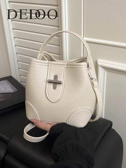 Dedoo Women's Early Spring Lychee Pattern Soft Leather Classic Bucket Bag Design With Metal Cross Lock, Versatile, Gentle And Casual Style, Suitable For Commuting, Dating, Afternoon Tea - Handheld And Crossbody Bag