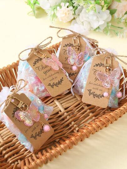 10sets, Cute Pink Butterfly Keychains Organza Bag Set,Babe Shower Favor Butterfly Keychain With Organza Bags &Jute Rope&Thank You Tags Baby Shower Family Decorations Gifts, Cute Thank You Pattern Tage Gender Reveal Souvenirs Decoration, Babe Shower Gift, Gender Reveal Favors,Party Guest Gifts,Party Supplies