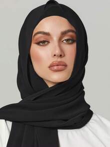 2pcs Women Scarf Tie Headband Set, Versatile Underlay Cap Combo, Hijab Middle East Abaya Accessory, Elastic Underlay Cap & Chiffon Scarf Set, Casual Outfit - Black - View 2