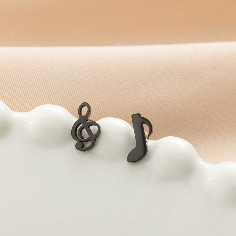1 Pasang Anting Tusuk Kecil Berbentuk Not Musik, Anting Tusuk Stainless Steel untuk Pria, Perhiasan Berbentuk Hati Musik, Anting Simbol Musik, Aksesoris Pelajar - GED773 - View 1