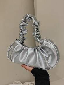 1pc Girls' Fashionable Ruched Hand-Held Tote Bag, Suitable For Daily Outings - White - View 16