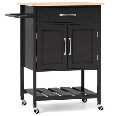  COSTWAY Kitchen Island Cart With Storage, Rolling Bar Cabinet W/Rubber Wood Top, Drawer, 2 Doors & Bottom Shelf, Mobile Serving Cart W/Lockable Wheels For Kitchen, Dining Room, Black