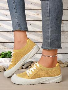 女士透气网眼针织休闲鞋，轻便软底系带帆布运动鞋，夏季薄款白色鞋 - 黃色 - 查看 3