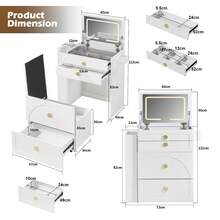 CLIPOP 3-In-1 Dressing Table With Folding Mirror, Cosmetic Table With Visible Glass Top, 3 Drawers, Side Storage, Storage Stool, Small Vanity Table For Bedroom - White - View 2
