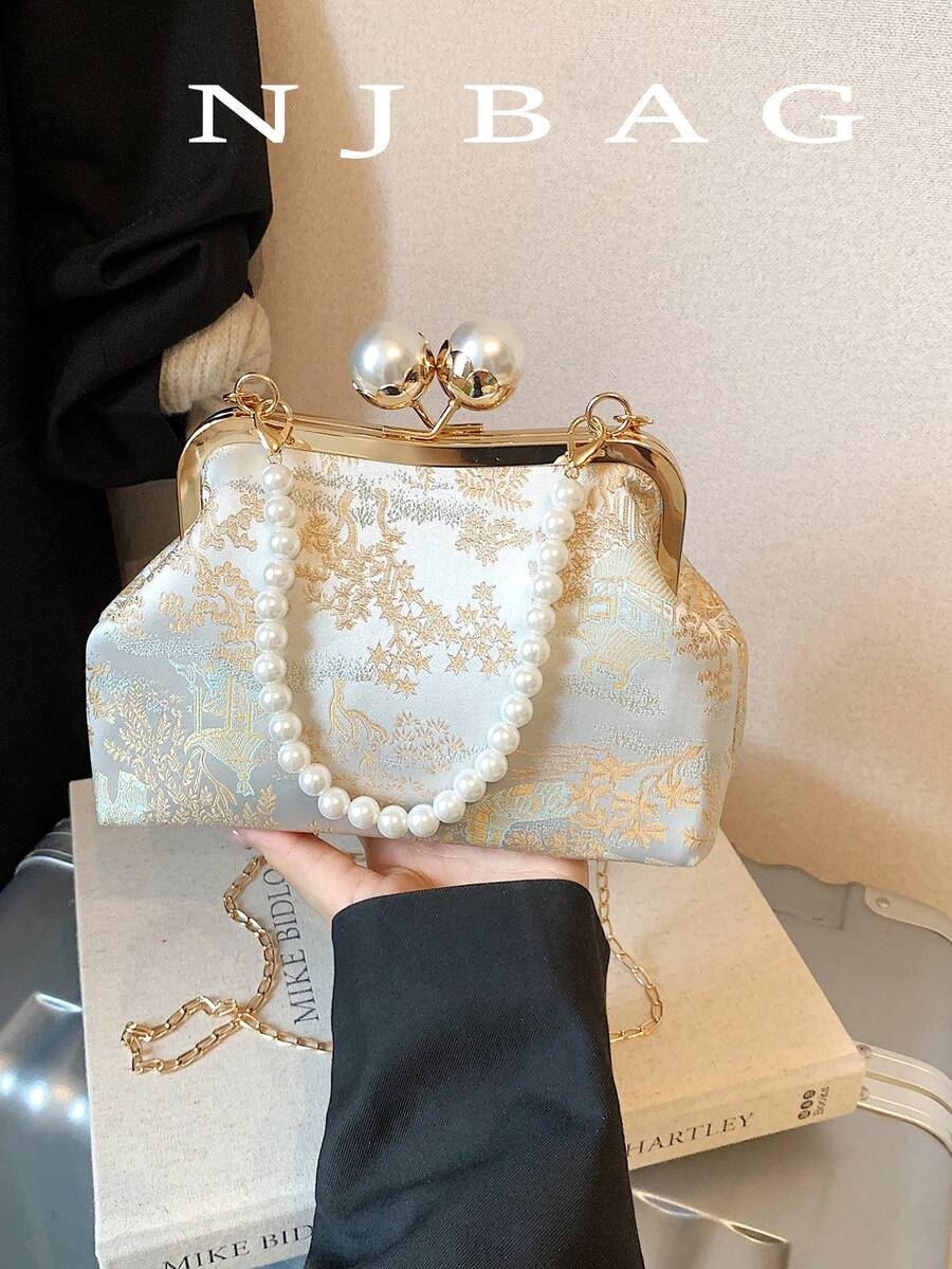 Bolso de mano con decoración de perlas con patrón geométrico y de graffiti aleatorio, elegante bolso de moda para fiesta y compras