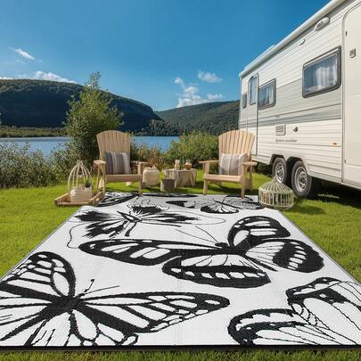 9x12 Ft Waterproof Outdoor Rug, Reversible Plastic Grass Mat With Animal Pattern, Suitable For Camping, RV, Patio, Porch, Deck, Backyard, Picnic - Black And White Butterfly Pattern