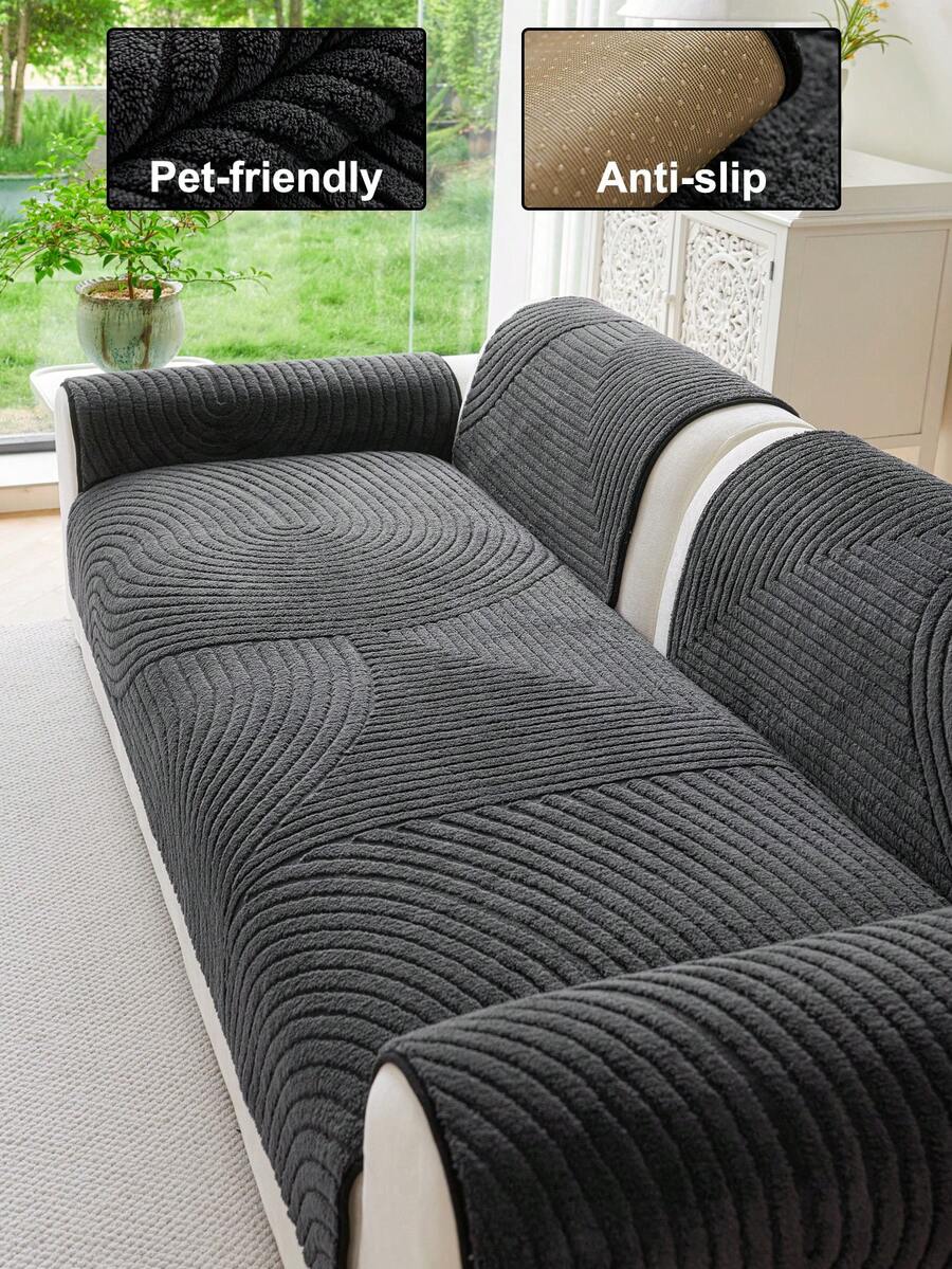 1件柔软绒面沙发套,简约纯色3D设计,宠物友好,防污防刮,适合所有季节,包括圣诞节和新年,可机洗,适用于1/2/3/4人沙发 - 深灰色 - 查看 1
