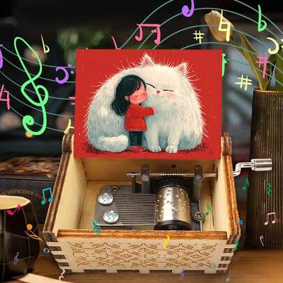 Wooden Hand Crank Music Box, Cute Girl And White Cat Pattern, Mini Vintage Music Box No Battery Needed, Perfect Birthday Christmas Gift For Cat Lovers Girls