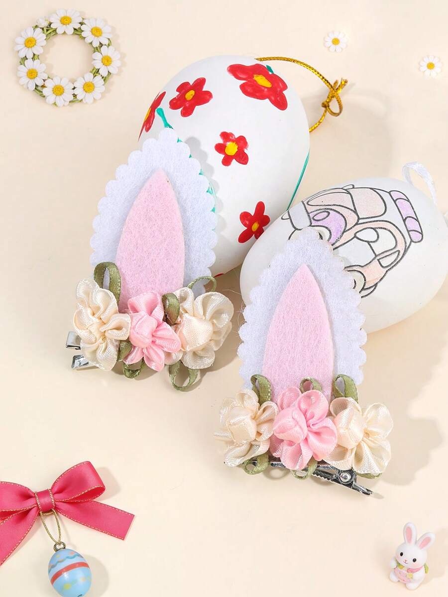 2 Stück rosa Osterhaarklemmen für Mädchen, Haarbogen mit Hase Ohr Deko, Blumen Haarstyling Klemmen, süße Haarspangen für Party, Festival, Teenager Haarschmuck - Pink - Übersicht 1