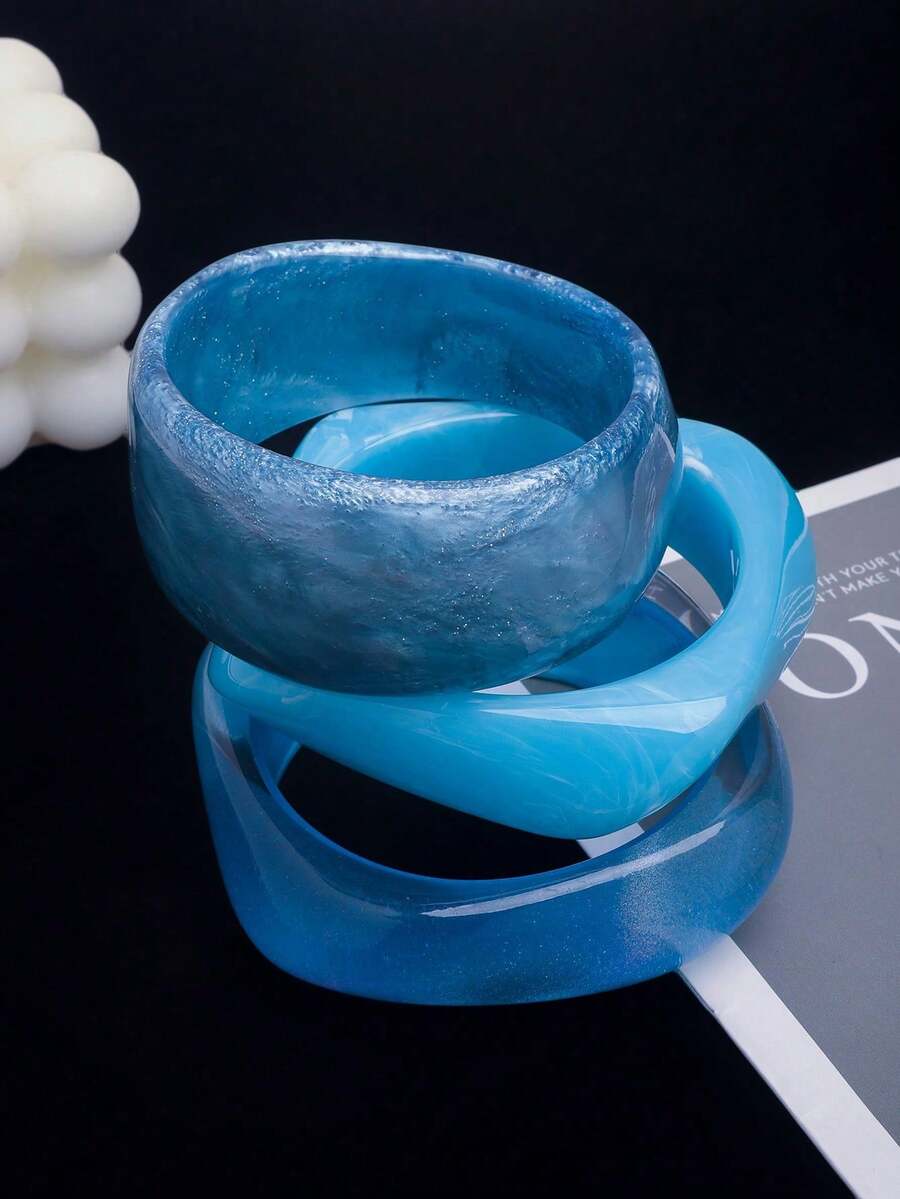 Set de 3 piezas de pulseras acrílicas con estilo de océano azul, combinación elegante de pulseras con efecto tie-dye, adecuadas para uso diario y vacaciones en la playa, se pueden usar apiladas o individualmente - Azul 1 - Ver 1