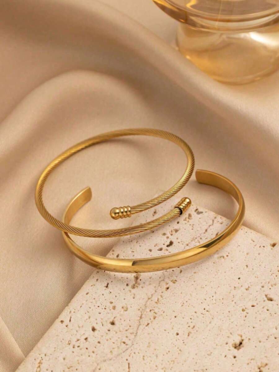 1 pieza/2 piezas Set, Brazalete minimalista de acero inoxidable de moda para mujer, Brazalete abierto en forma de C de acero inoxidable chapado en oro, Regalo para amigos y familiares - Dorado - Ver 1