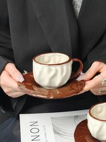 1 Set Asymmetrical Textured Ceramic Coffee Cup & Saucer, Latte Art Cup, Elegant Home/Office Latte, Tea Cup, Valentine's Day, Mother's Day, Thanksgiving Gift, Fashionable Gift For Coffee Lovers - Multicolor - View 5