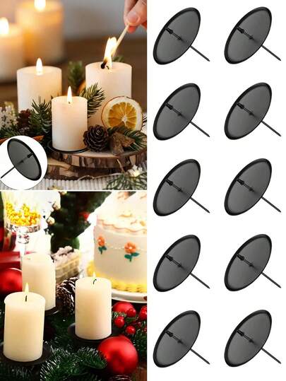 1/12件装金属烛台铁艺烛托盘底座DIY家居烛台，黑色锥形烛台，黑色镶边托盘，降临节花环烛台，金属烛台，可固定蜡烛，适用于降临节、婚礼、圣诞节、派对、斋月、餐桌中心装饰、情人节、节日派对装饰