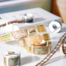 1 rollo de cinta con escenario de tren de la serie de viajes en tren, autoadhesiva, vintage, ideal para manualidades DIY, planificadores, invitaciones, adornos de scrapbook, suministros de artesanía, acentos decorativos, patrones intrincados - cinta adhesiva - Ver 3