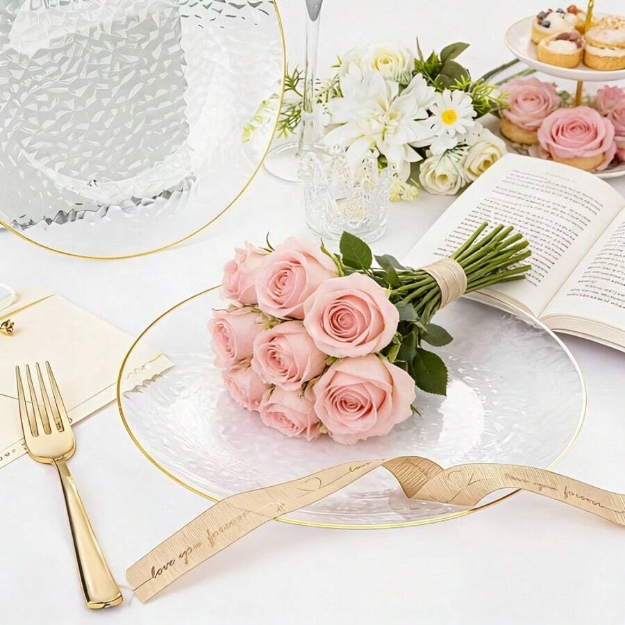 50pcs/Set Transparent Gold Rim Hammered Round Plates, 10.25" Large Plate, 7.5" Small Plate, Reusable And Easy To Clean Lovely Dinnerware, Suitable For Weddings, Birthdays, Family Gatherings, Outdoor Team Building, Schools, Back To School Events - View 1