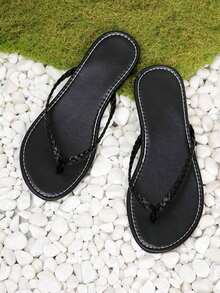 Women's Solid Color Slip-On Sandals, Lightweight Open-Toe Flat Shoes With Woven Strap And Back Strap. - Black - View 7