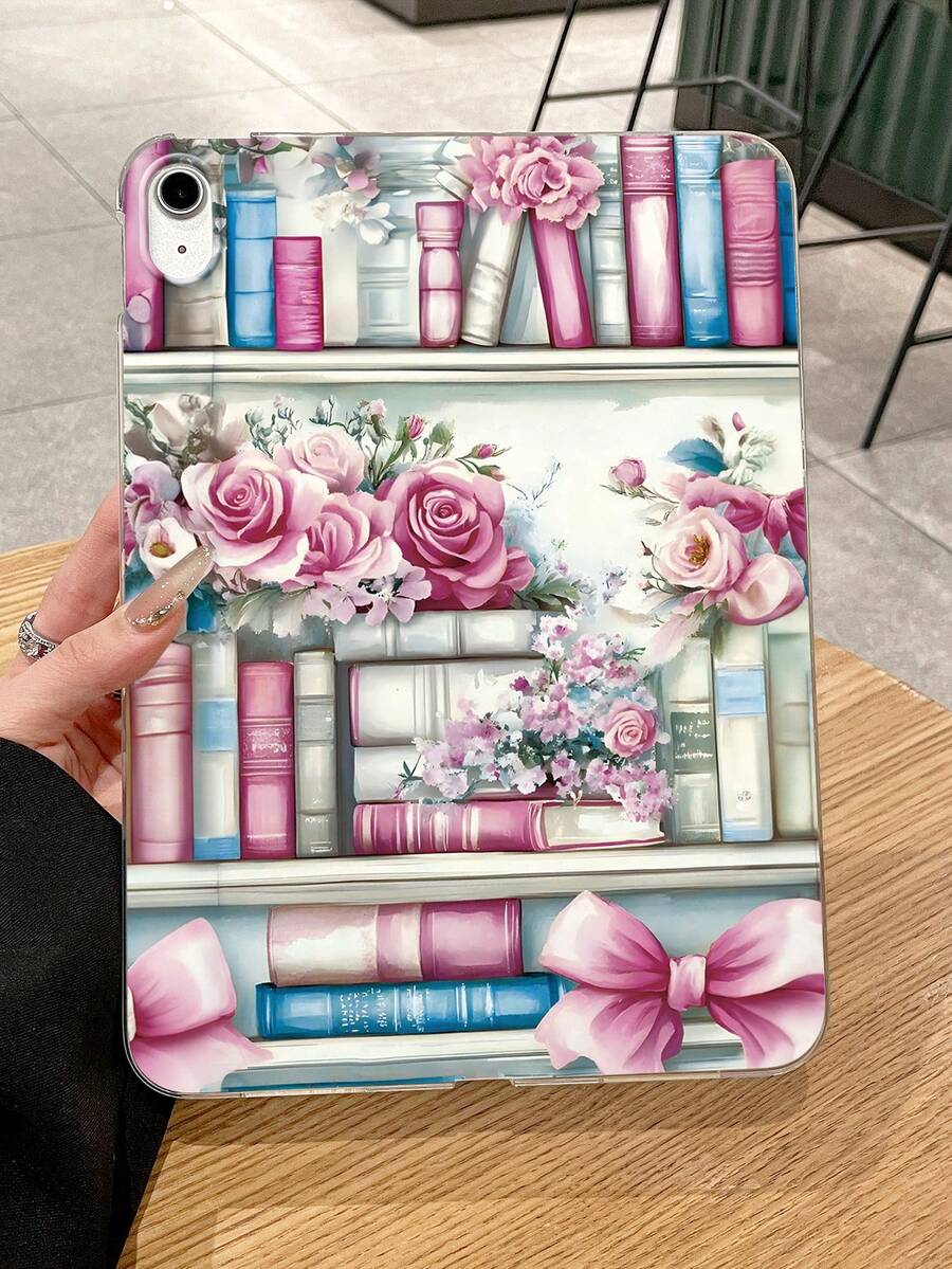 1个粉色书架玫瑰印花透明防震保护套，可爱粉色蝴蝶结设计，适合爱书人士、少女心爱好者，生日、周年纪念、返校、毕业礼物及日常使用。 - 無色 - 查看 1