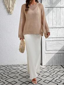 Solid Color Casual Women Round Neck Sheer Loose Long Sleeve Pullover Sweater - Khaki - View 6