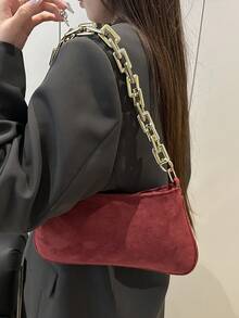 Gold Color Large Chain Soft Baguette Bag - Burgundy - View 6