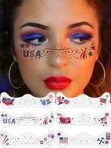 6片装独立日星星雀斑脸部临时纹身贴纸，红白蓝美国国旗帽子，7月4日夏季节日派对雀斑妆容 - 彩色 - 查看 11