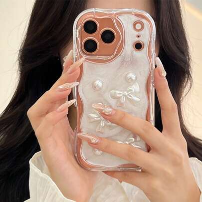 1 pieza Funda de teléfono de estilo Ins con bordes crema y mariposa 3D de perlas epoxi, cubierta protectora a prueba de golpes y de moda para las series de 11 12 13 14 15 16 17, adecuada como regalo para familiares, amigos y fiestas