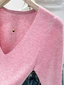 Comfortable, Skin-Friendly Knit Sweater, Fitted Silhouette, Short Sleeve, V-Neck, Elastic, Casual Elegant Versatile, Suitable For Commuting, Suitable For Summer And Autumn/Winter Pink - Pink - View 6