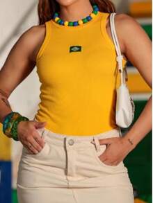 Women's Casual Ribbed Tank Top With Flag Print - Summer Copa Brasil - 黃色旗幟 - 查看 2
