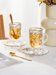 6 Cups, 6 Saucers, 6 Spoons, Ceramic Tea Cups And Saucers, Coffee Cups And Saucers, European Style Gold Rimmed Drinkware, Suitable For Tea Time, Breakfast, Garden, Dining Room, All Seasons - Multicolor - View 9