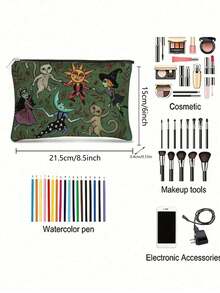Enchanted Forest Night Cosmetic Bag - Halloween Gift - Dark Green Bag With Whimsical Witch, Cat And Moon Design, Zipper Pouch To Hold Makeup, Pencils Or Snacks - Perfect Gift For Sisters, Students And Adults, Multipurpose Pouch | Celestial Art | Durable Zipper Closure, Large Makeup Bag Make Up Bag - 綠色 - 查看 6