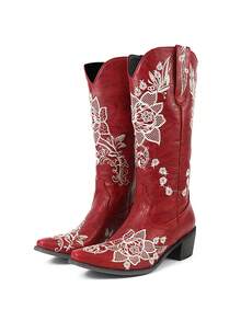 Knee High Cowboy Boots For Women Wide Calf Pointed Toe Classic Chunky Heeled Vintage Embroidered Cowgirl Boot Retro Slip On Party Shoes Wedding Dressy Holiday Outdoor Riding Country Concert Rodeo Easter Gifts Spring Festival Womens Western Summer Booties Purplish Red Boots - 紫紅色 - 查看 6
