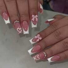 24pcs Rectangular Press-On False Nails With Heart And Bow French Glossy Design. Comes With Tools. Suitable For Women To Wear At Parties, Dances, And For Everyday Casual Wear. Detachable And Reusable - Dòng đỏ trắng - Xem 2